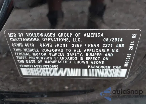 2015 Volkswagen Passat 1.8T Se из США, поврежденный, VIN 1VWBT7A32FC020806